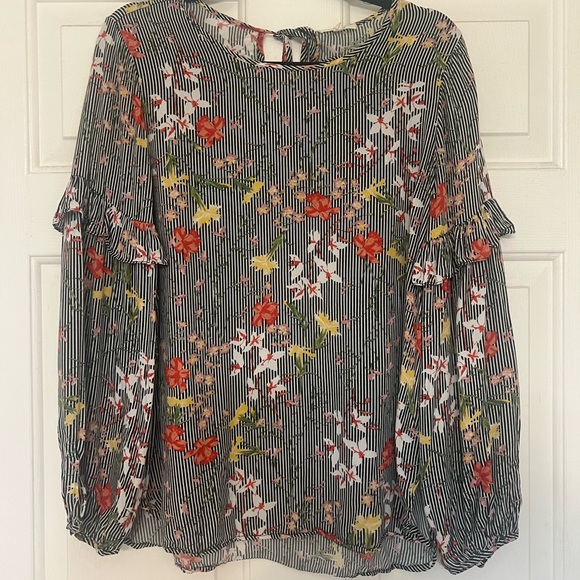 Pleione Tops - Pleione Multicolor Floral Striped Blouse